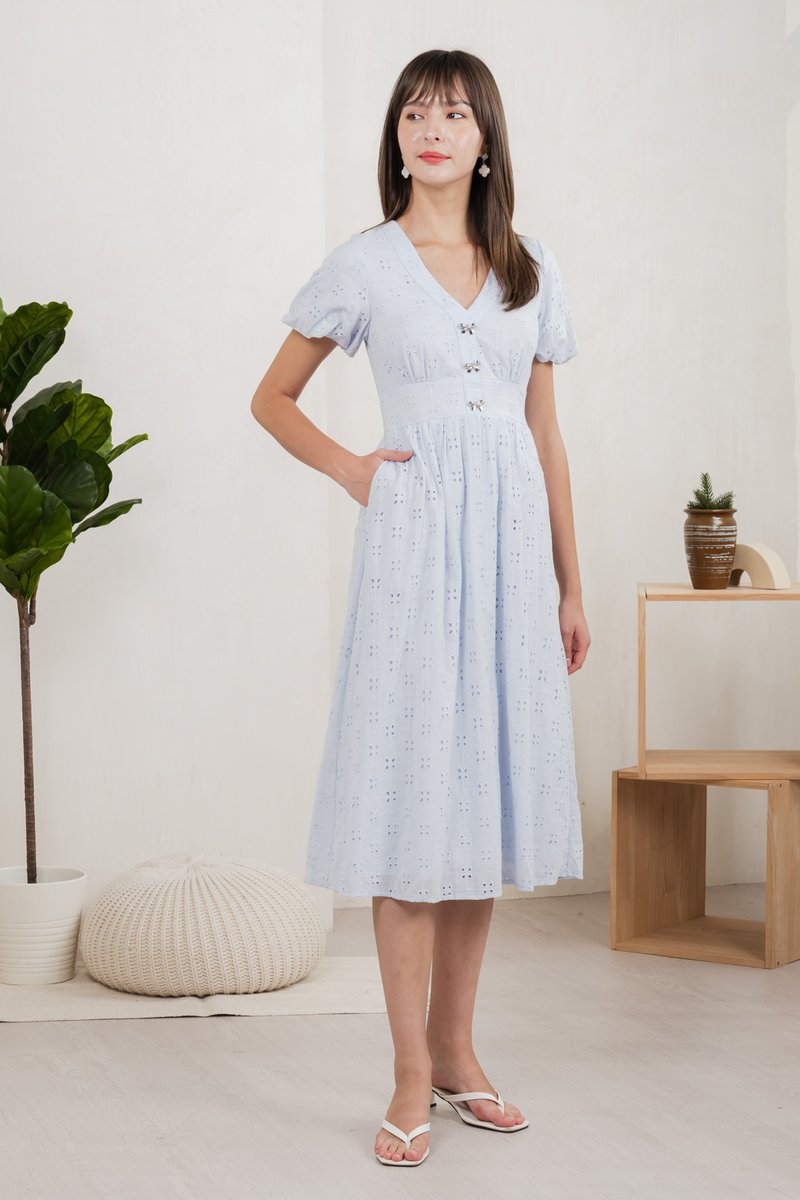 Eunice Ribbon Button Eyelet Midi Dress In Blue (XS)