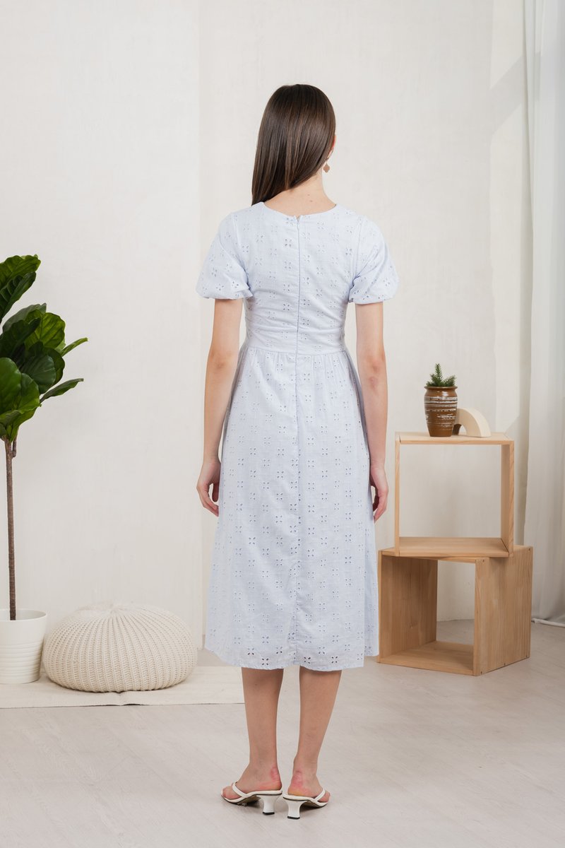 Eunice Ribbon Button Eyelet Midi Dress In Blue (XS)
