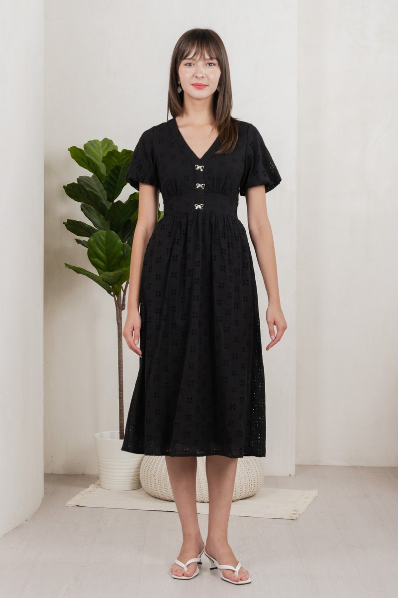 Eunice Ribbon Button Eyelet Midi Dress In Black (XS)