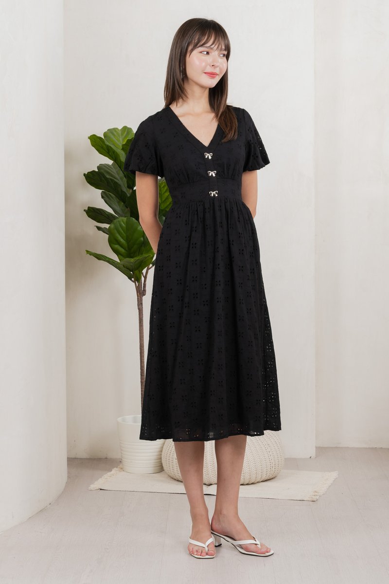 Eunice Ribbon Button Eyelet Midi Dress In Black (XS)
