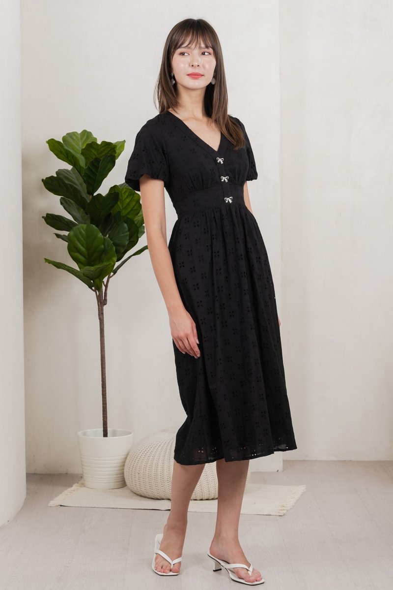 Eunice Ribbon Button Eyelet Midi Dress In Black (XS)