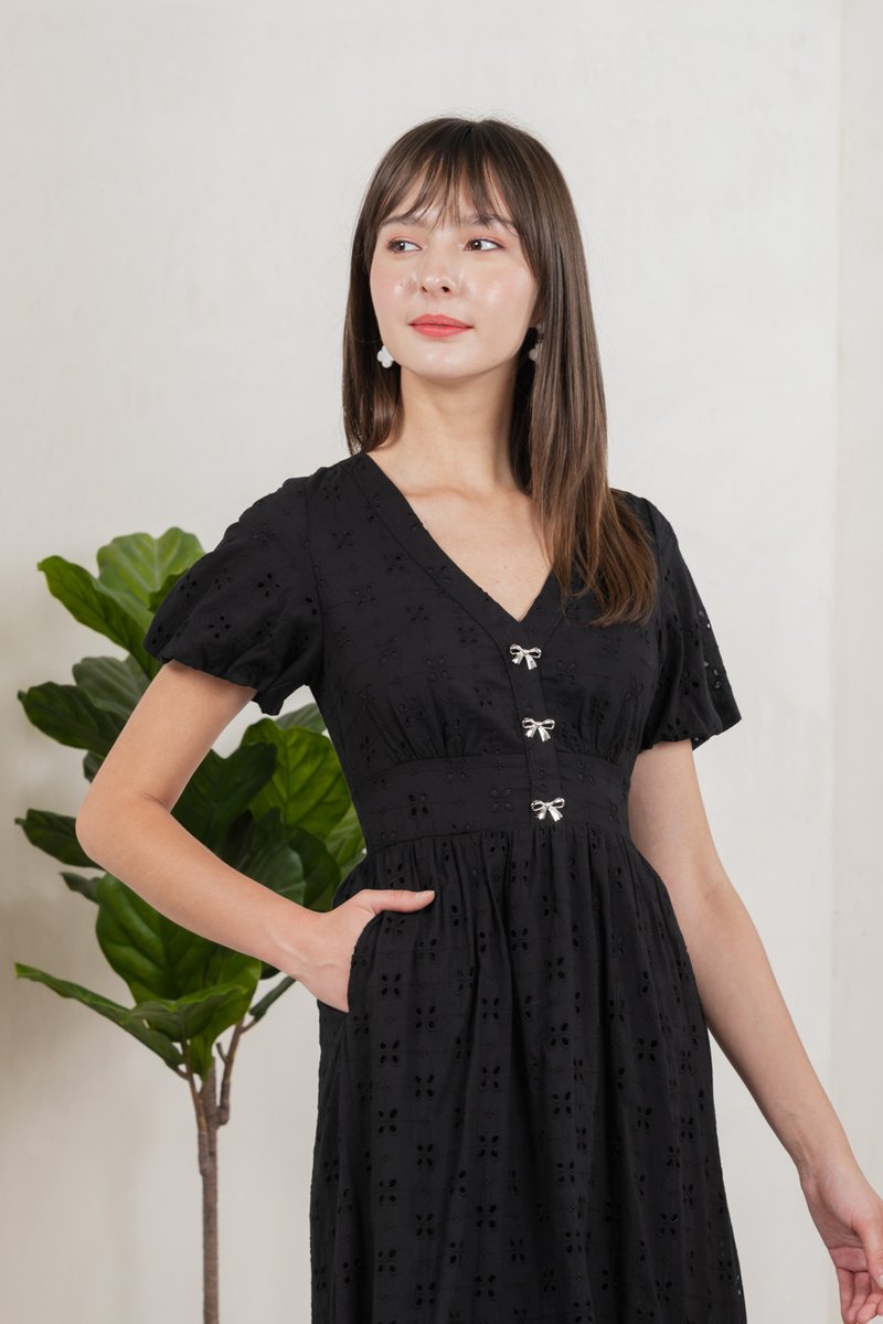 Eunice Ribbon Button Eyelet Midi Dress In Black (XS)
