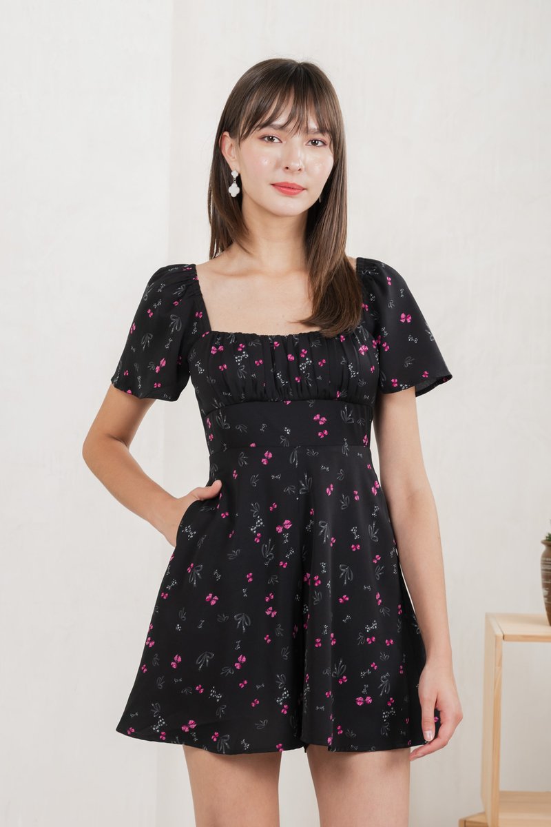 Freesia Ribbon Printed Ruched Romper (XS)