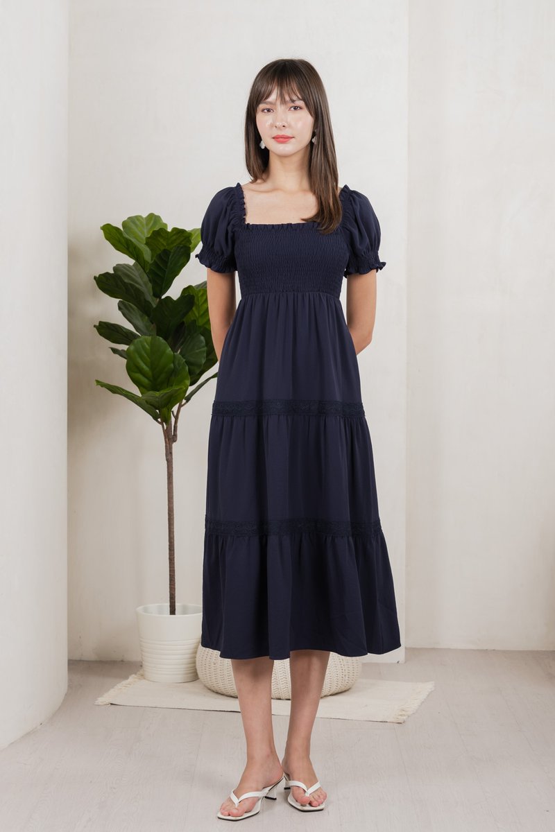 Coco Smocked Crochet Tiered Midi Dress In Navy (XS)