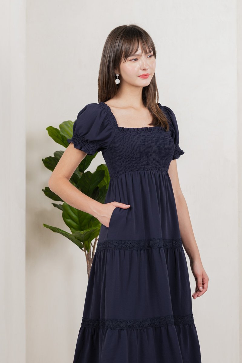 Coco Smocked Crochet Tiered Midi Dress In Navy (XS)