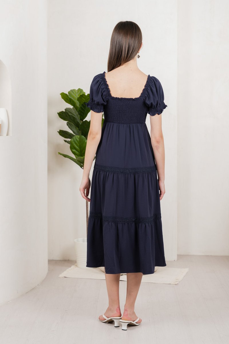 Coco Smocked Crochet Tiered Midi Dress In Navy (XS)