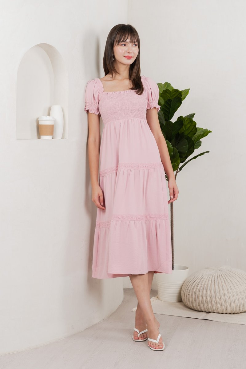 Coco Smocked Crochet Tiered Midi Dress In Pink (XS)
