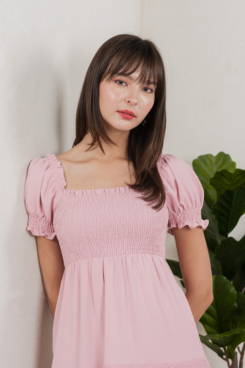 Coco Smocked Crochet Tiered Midi Dress In Pink (XS)