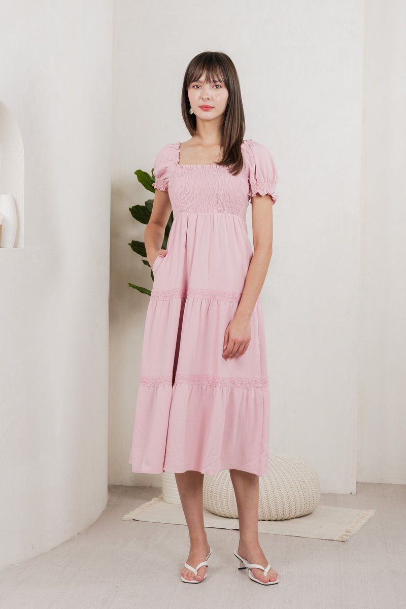 Coco Smocked Crochet Tiered Midi Dress In Pink (XS)