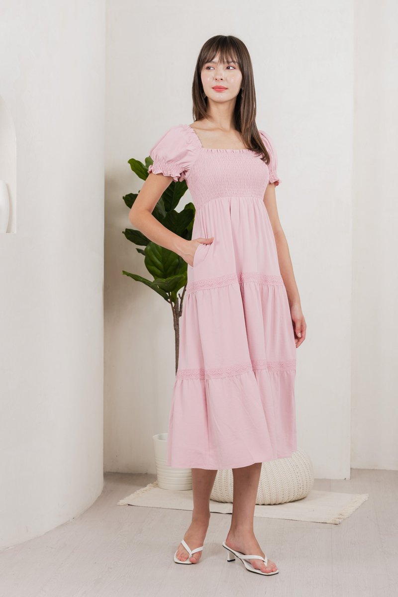 Coco Smocked Crochet Tiered Midi Dress In Pink (XS)