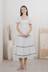 Tavia Smocked Tiered Midi Dress In White