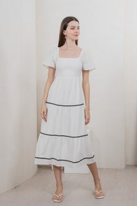 Tavia Smocked Tiered Midi Dress In White
