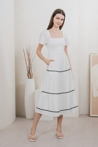 Tavia Smocked Tiered Midi Dress In White