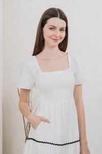 Tavia Smocked Tiered Midi Dress In White