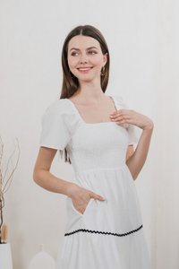 Tavia Smocked Tiered Midi Dress In White