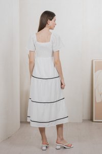 Tavia Smocked Tiered Midi Dress In White