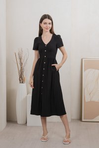 Bronte Empire Button Midi Dress In Black (XS)