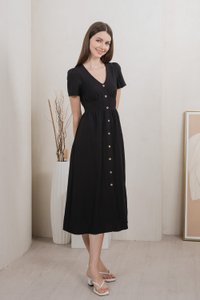 Bronte Empire Button Midi Dress In Black (XS)
