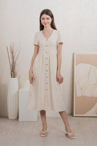 Bronte Empire Button Midi Dress In Cream