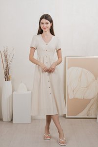 Bronte Empire Button Midi Dress In Cream