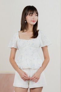 Inessa Floral Eyelet Empire Top In Blue