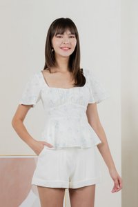 Inessa Floral Eyelet Empire Top In Blue