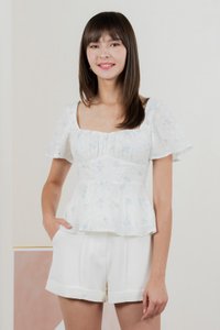 Inessa Floral Eyelet Empire Top In Blue