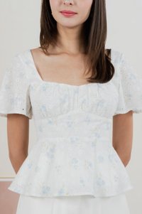 Inessa Floral Eyelet Empire Top In Blue