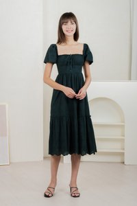 Brilliant Broderie Ribbon Midi Dress In Emerald