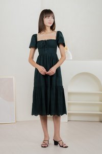 Brilliant Broderie Ribbon Midi Dress In Emerald
