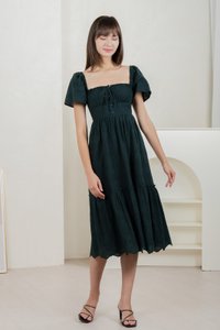 Brilliant Broderie Ribbon Midi Dress In Emerald