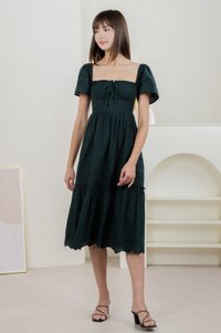 Brilliant Broderie Ribbon Midi Dress In Emerald