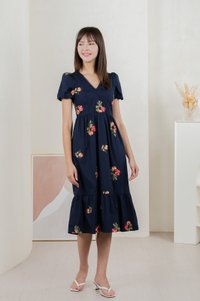 Foxglove Floral Embroidery Midi Dress In Navy (XS)