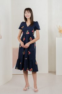 Foxglove Floral Embroidery Midi Dress In Navy (XS)