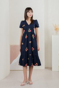 Foxglove Floral Embroidery Midi Dress In Navy (XS)