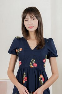 Foxglove Floral Embroidery Midi Dress In Navy (XS)
