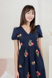 Foxglove Floral Embroidery Midi Dress In Navy (XS)
