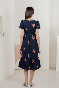 Foxglove Floral Embroidery Midi Dress In Navy (XS)