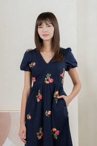 Foxglove Floral Embroidery Midi Dress In Navy (XS)