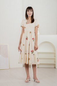 Foxglove Floral Embroidery Midi Dress In Cream (XS)