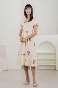 Foxglove Floral Embroidery Midi Dress In Cream (XS)