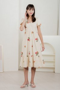 Foxglove Floral Embroidery Midi Dress In Cream (XS)