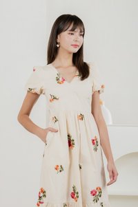 Foxglove Floral Embroidery Midi Dress In Cream (XS)