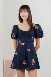 Foxglove Floral Embroidery Romper In Navy (XS)