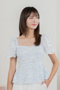Fantasy Floral Ribbon Embroidery Top In Baby Blue