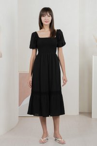 Journey Textured Smocked Midi Dress In Black