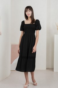 Journey Textured Smocked Midi Dress In Black