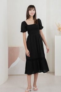 Journey Textured Smocked Midi Dress In Black