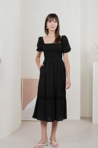 Journey Textured Smocked Midi Dress In Black