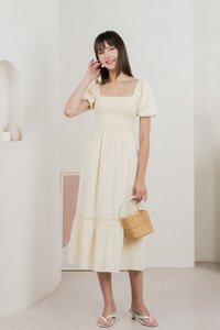 Journey Textured Smocked Midi Dress In Cream